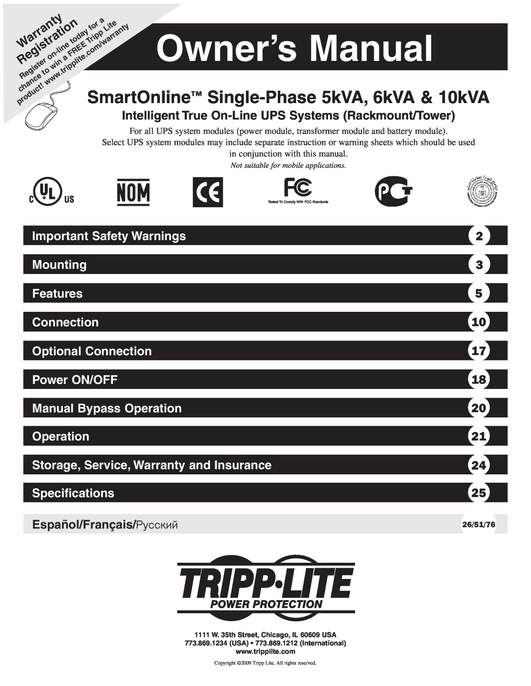 Tripp Lite 10KVA owner manual Owner’s Manual, Intelligent True On-Line UPS Systems Rackmount/Tower 