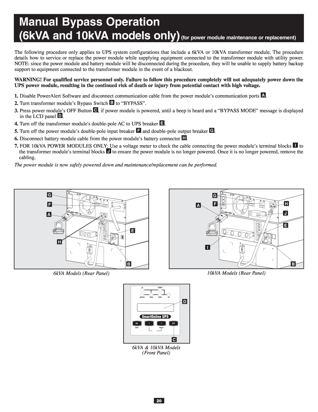 Tripp Lite 10KVA owner manual Manual Bypass Operation, 6kVA Models Rear Panel, 6kVA & 10kVA Models Front Panel 