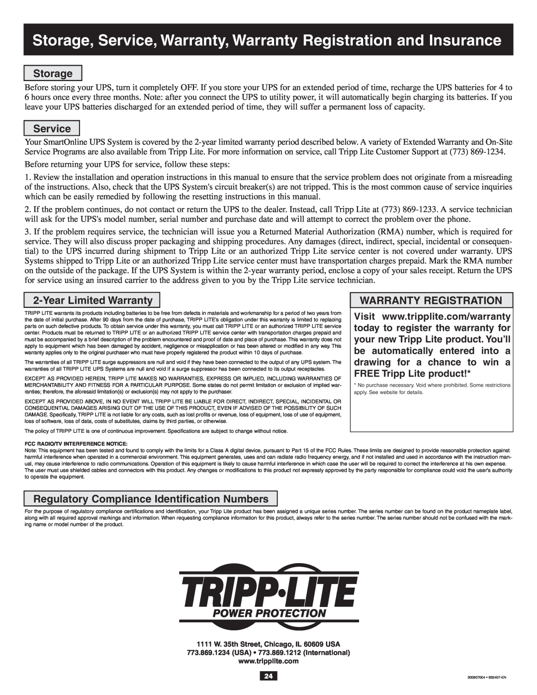 Tripp Lite 10KVA owner manual Storage, Service, Warranty, Warranty Registration and Insurance, Year Limited Warranty 