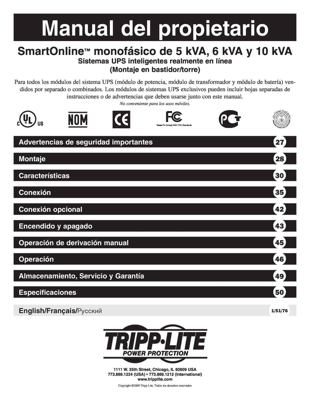 Tripp Lite 10KVA Manual del propietario, Sistemas UPS inteligentes realmente en línea, Montaje en bastidor/torre 