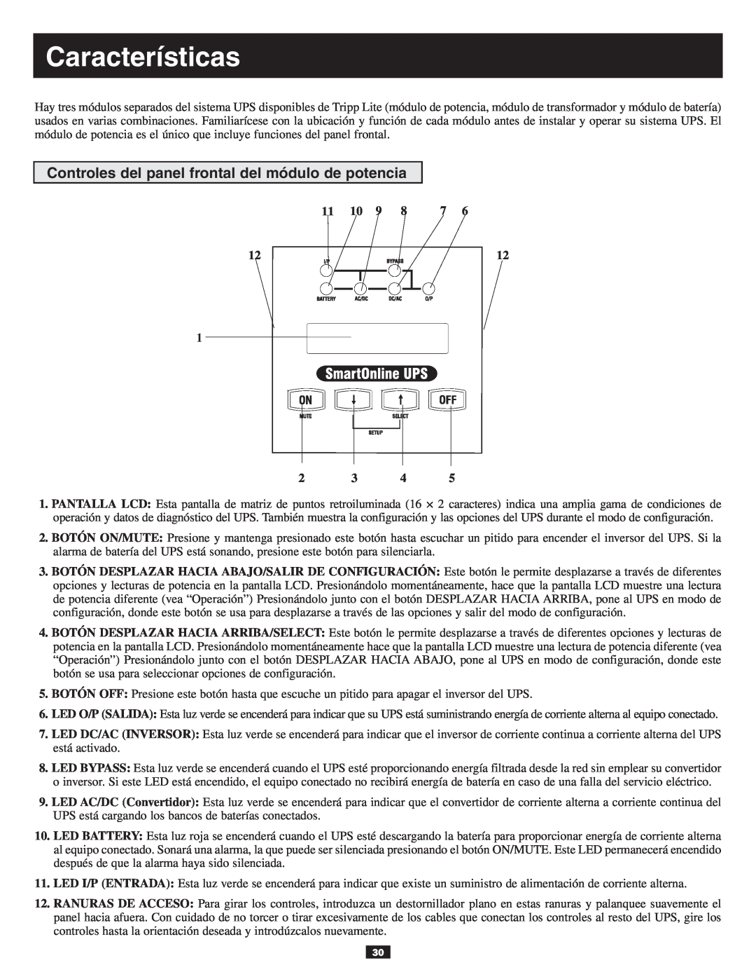Tripp Lite 10KVA owner manual Características, Controles del panel frontal del módulo de potencia 