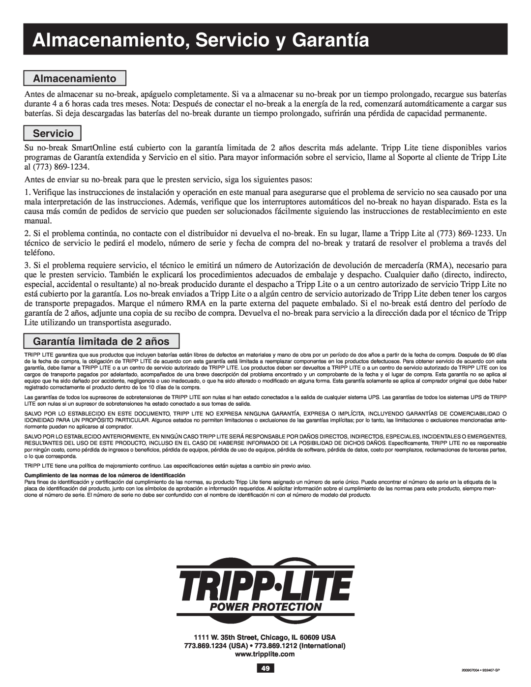 Tripp Lite 10KVA owner manual Almacenamiento, Servicio y Garantía, Garantía limitada de 2 años 
