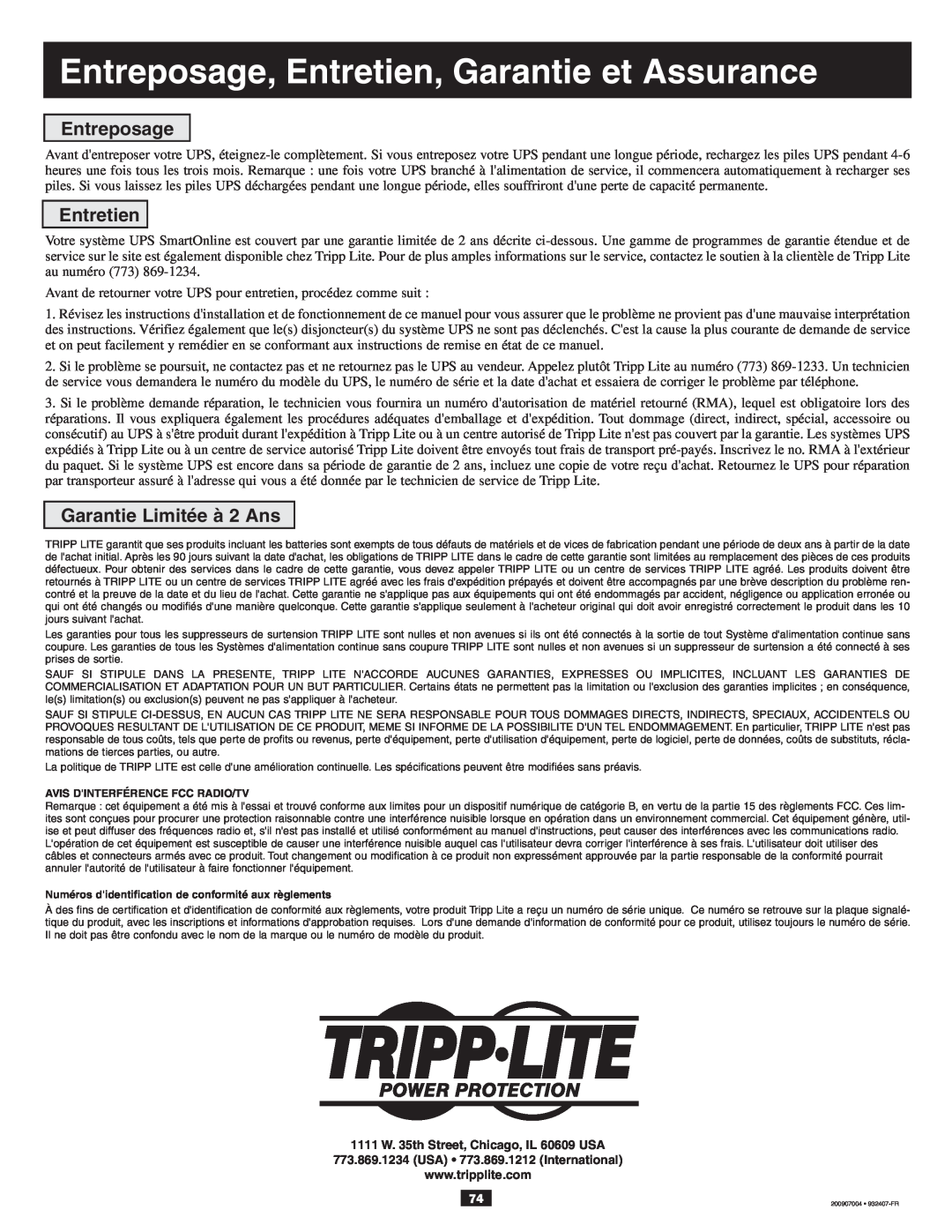 Tripp Lite 10KVA owner manual Entreposage, Entretien, Garantie et Assurance, Garantie Limitée à 2 Ans 