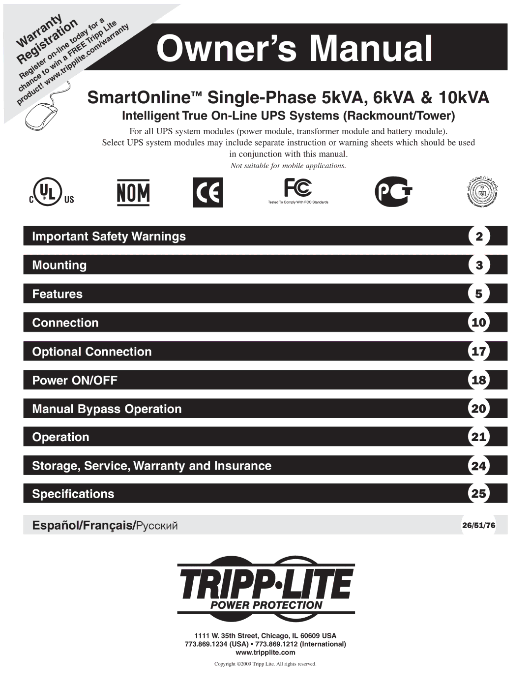 Tripp Lite 10KVA owner manual SmartOnline Single-Phase 5kVA, 6kVA & 10kVA 