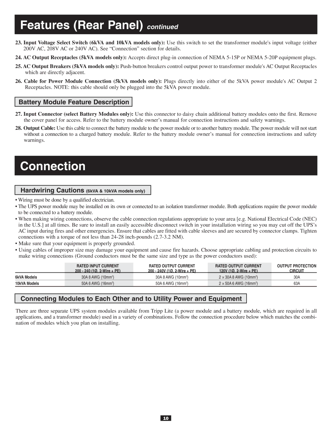 Tripp Lite 10KVA owner manual Connection, Battery Module Feature Description 