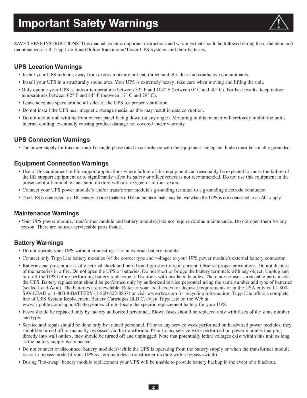 Tripp Lite 10KVA owner manual Important Safety Warnings 