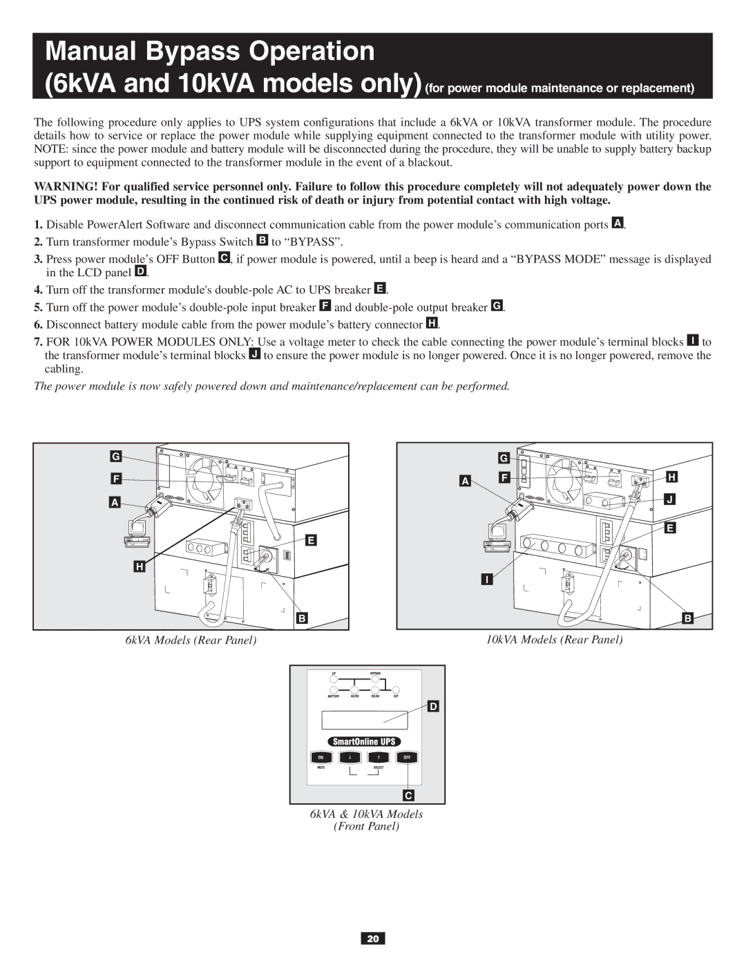 Tripp Lite 10KVA owner manual Manual Bypass Operation 