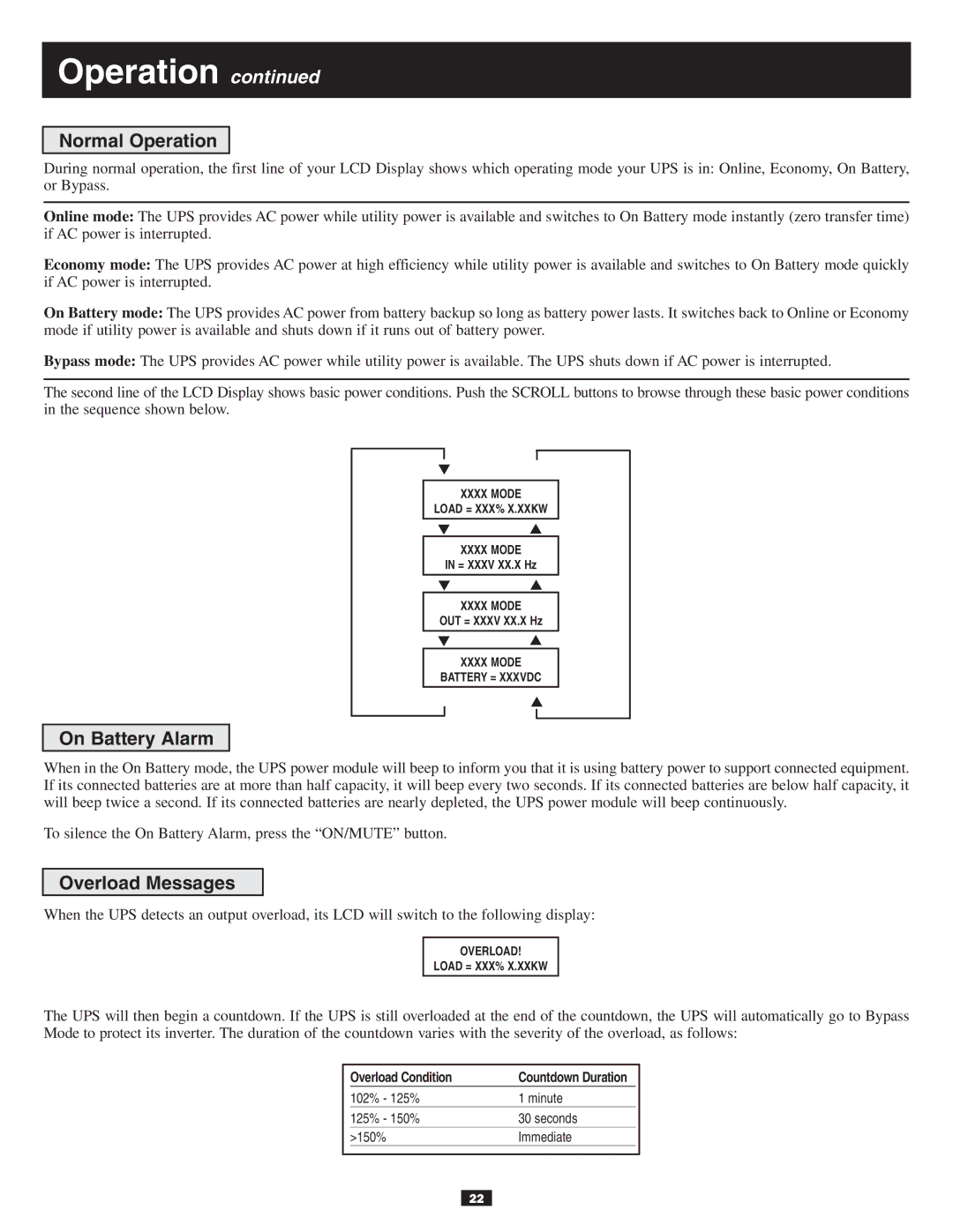 Tripp Lite 10KVA owner manual Normal Operation, On Battery Alarm, Overload Messages 