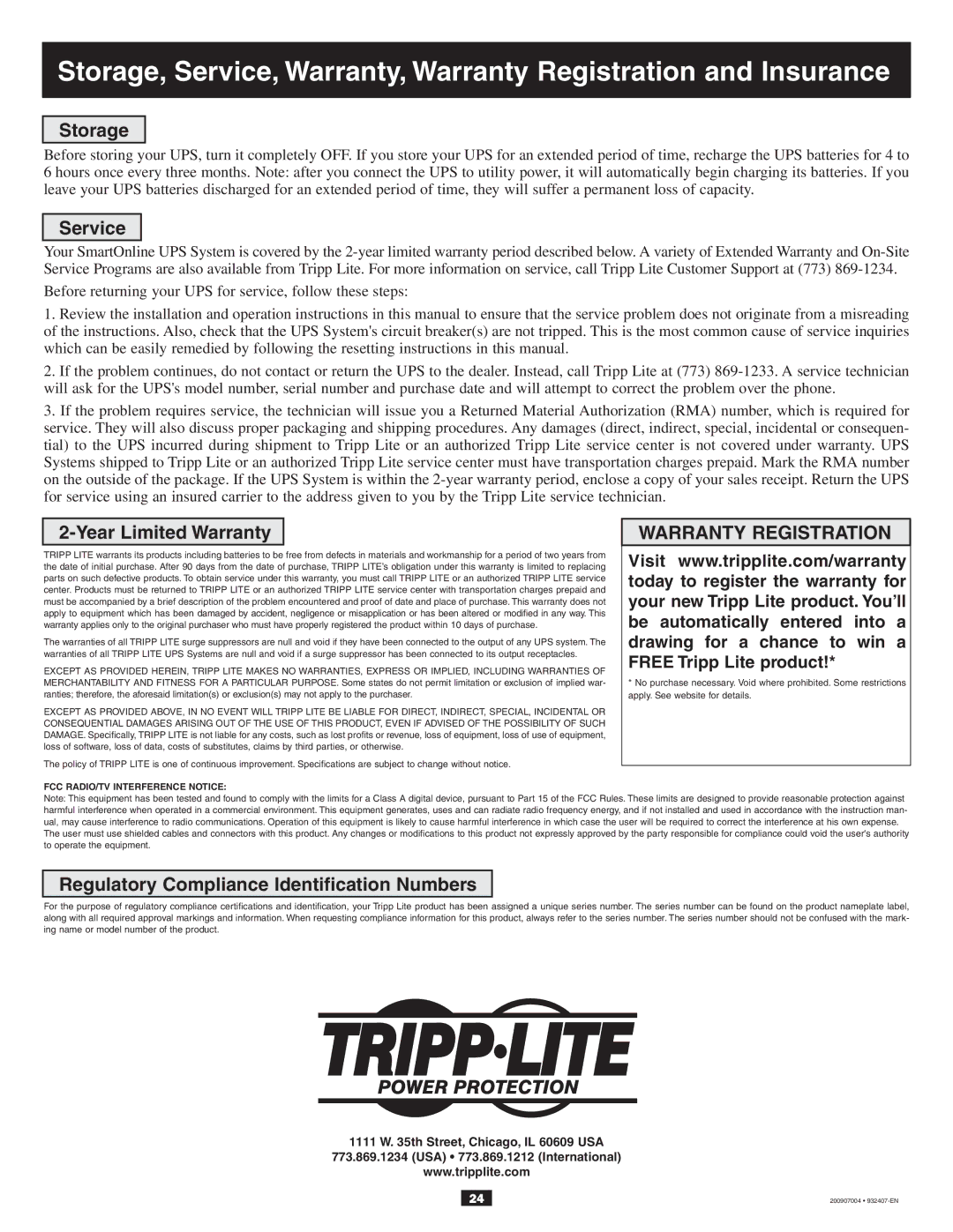 Tripp Lite 10KVA owner manual Storage, Service, Year Limited Warranty, Regulatory Compliance Identification Numbers 