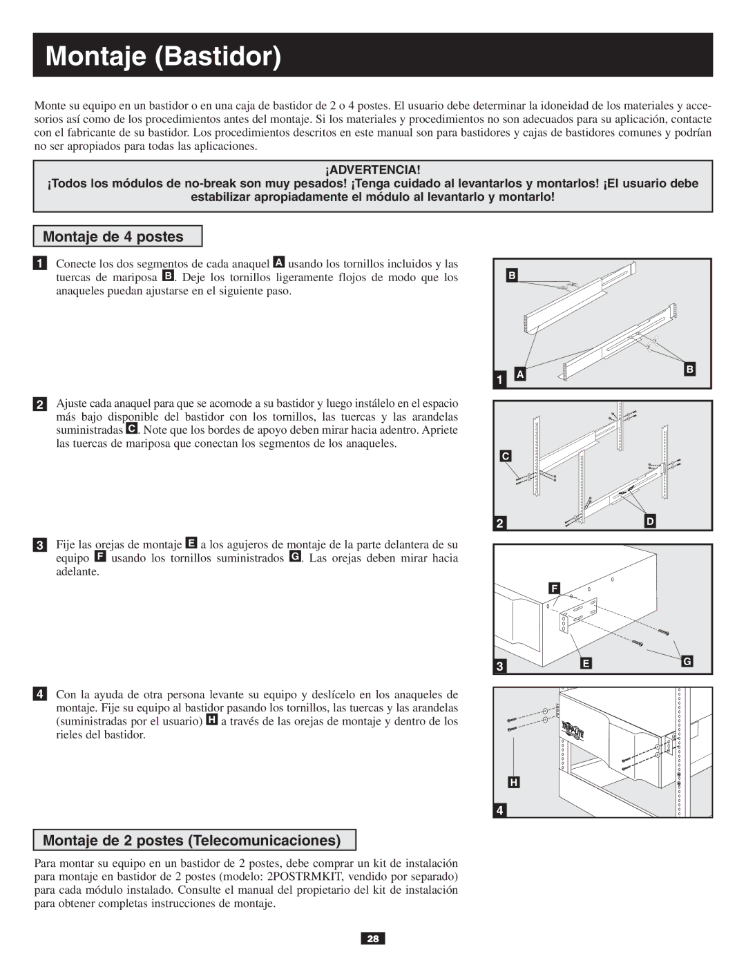 Tripp Lite 10KVA owner manual Montaje Bastidor, Montaje de 4 postes, Montaje de 2 postes Telecomunicaciones 