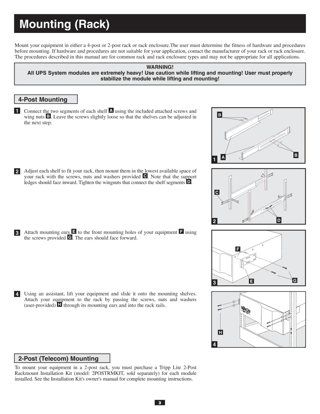 Tripp Lite 10KVA owner manual Mounting Rack, Post Mounting, Post Telecom Mounting 