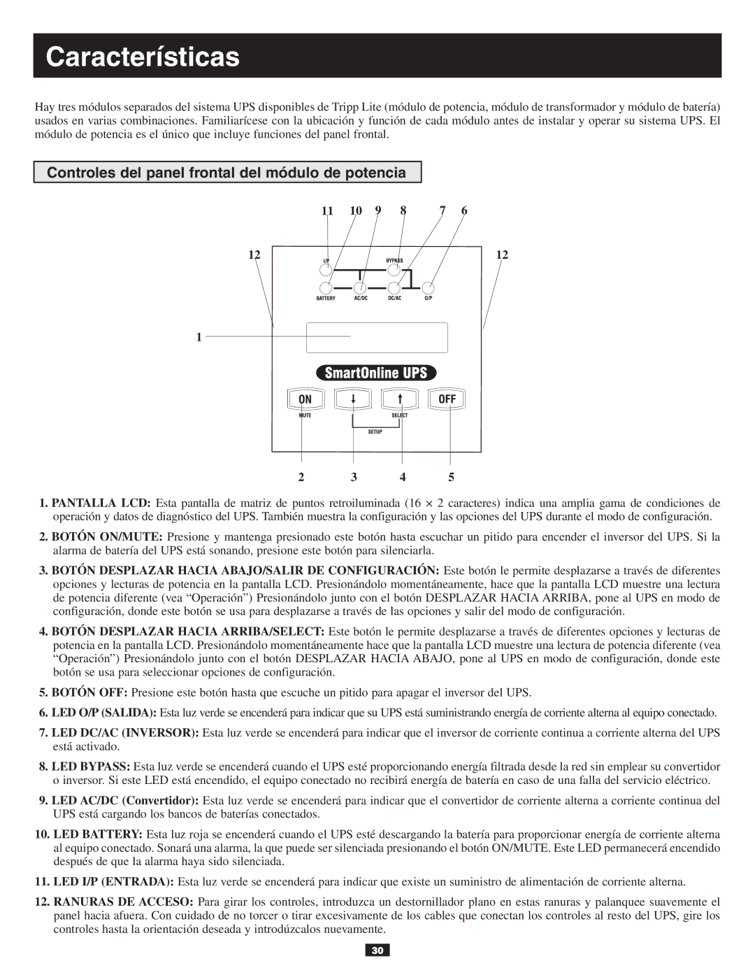 Tripp Lite 10KVA owner manual Características, Controles del panel frontal del módulo de potencia 