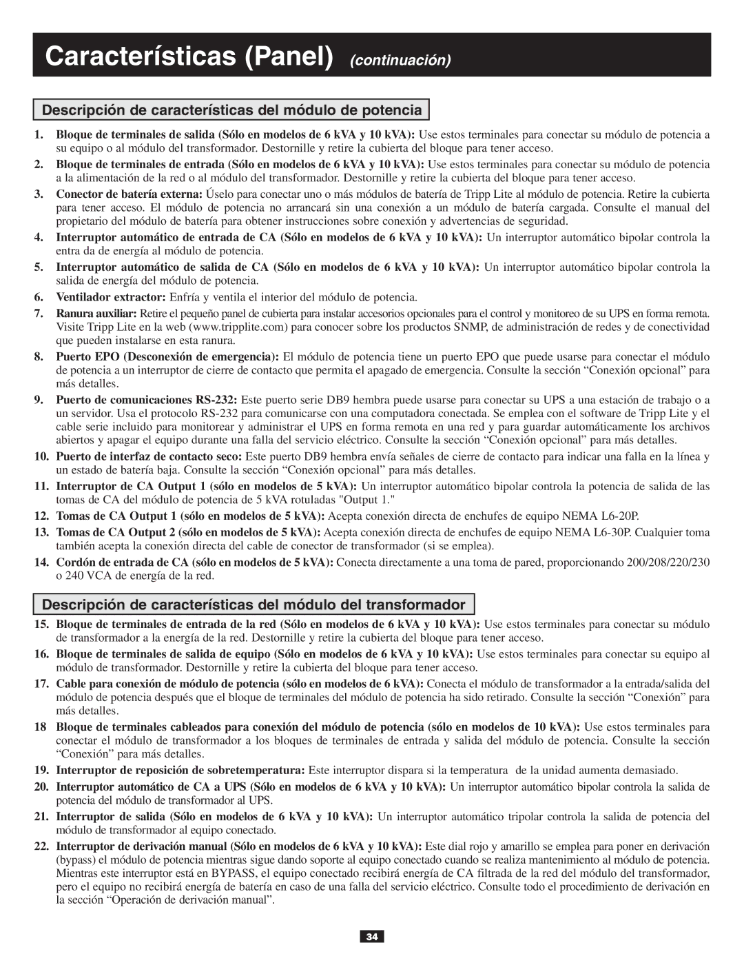 Tripp Lite 10KVA owner manual Características Panel continuación, Descripción de características del módulo de potencia 