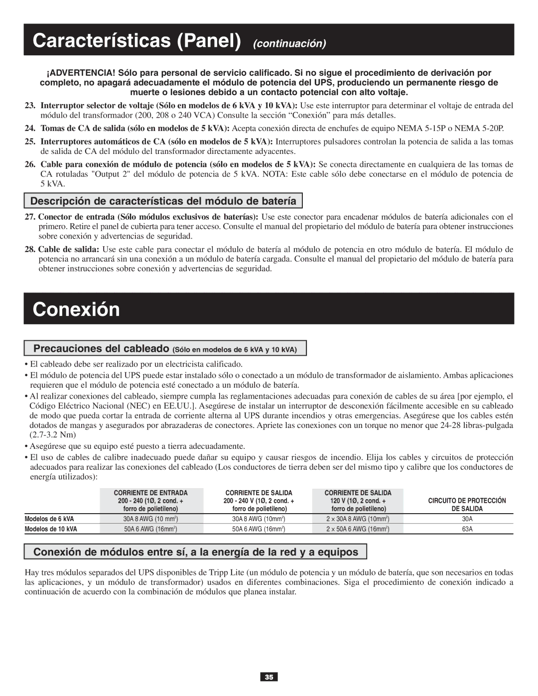 Tripp Lite 10KVA owner manual Conexión, Descripción de características del módulo de batería 