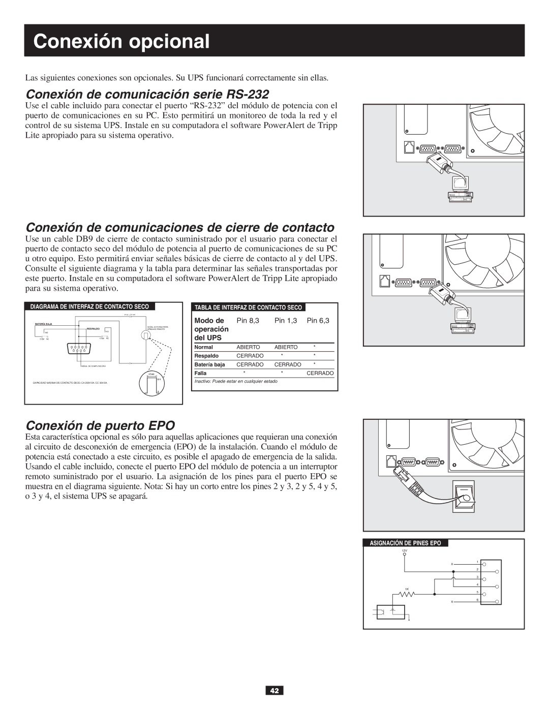 Tripp Lite 10KVA owner manual Conexión opcional, Conexión de comunicación serie RS-232 