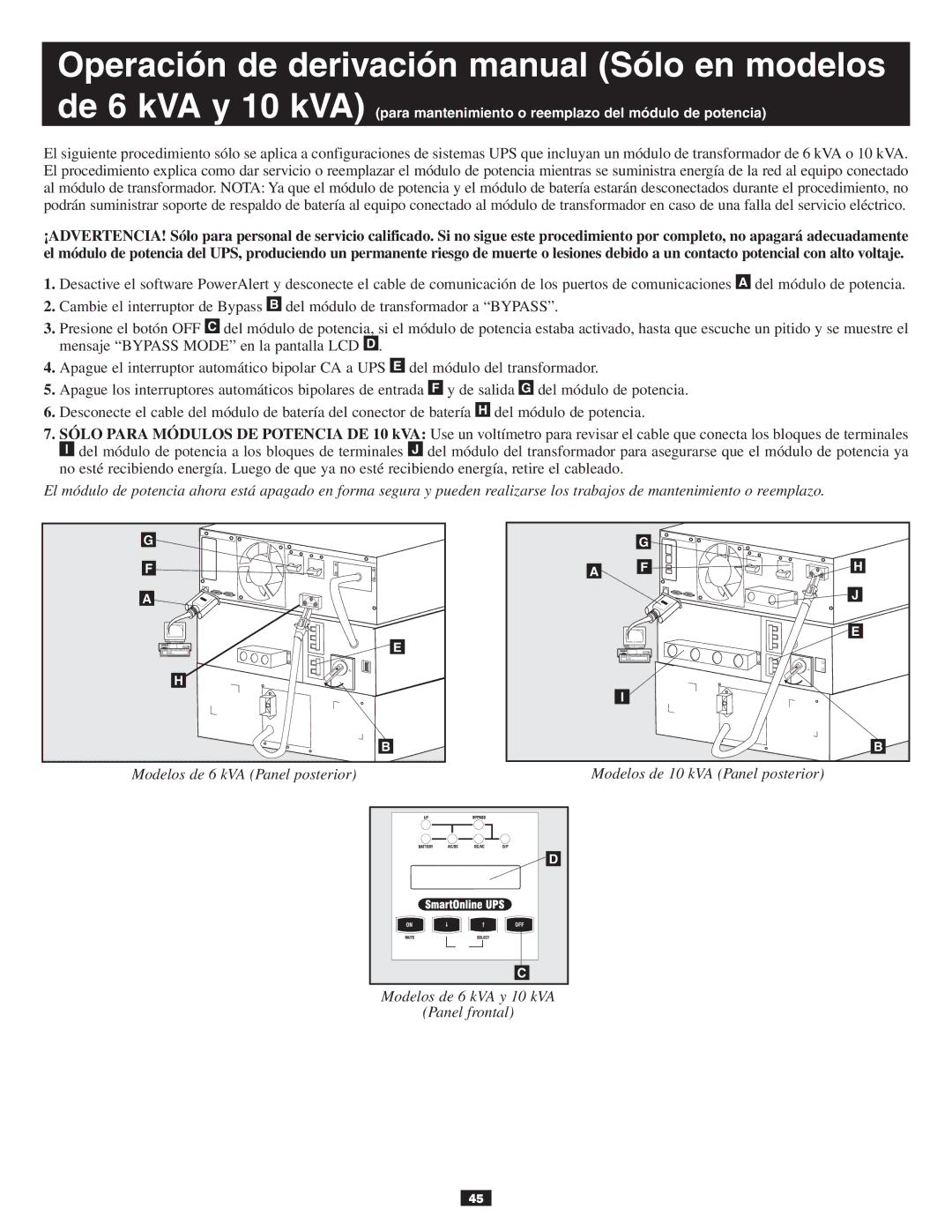 Tripp Lite 10KVA owner manual Modelos de 6 kVA y 10 kVA Panel frontal 