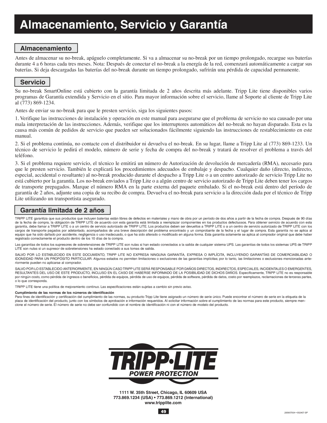 Tripp Lite 10KVA owner manual Almacenamiento, Servicio y Garantía, Garantía limitada de 2 años 