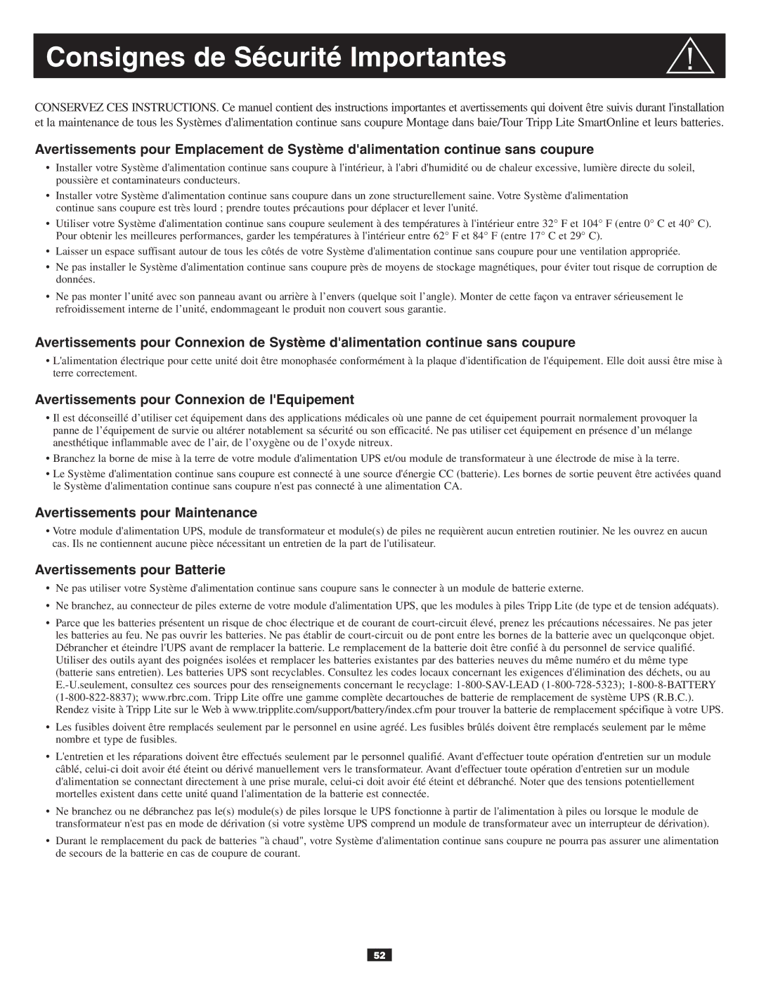 Tripp Lite 10KVA owner manual Consignes de Sécurité Importantes, Avertissements pour Connexion de lEquipement 