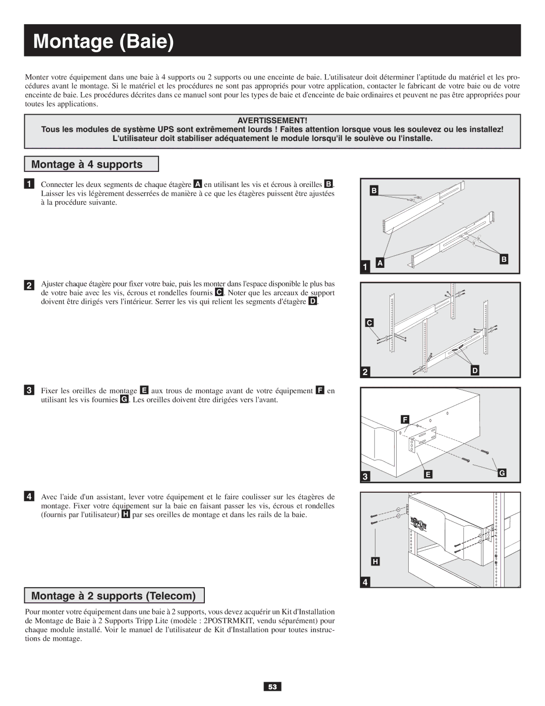 Tripp Lite 10KVA owner manual Montage Baie, Montage à 4 supports, Montage à 2 supports Telecom 