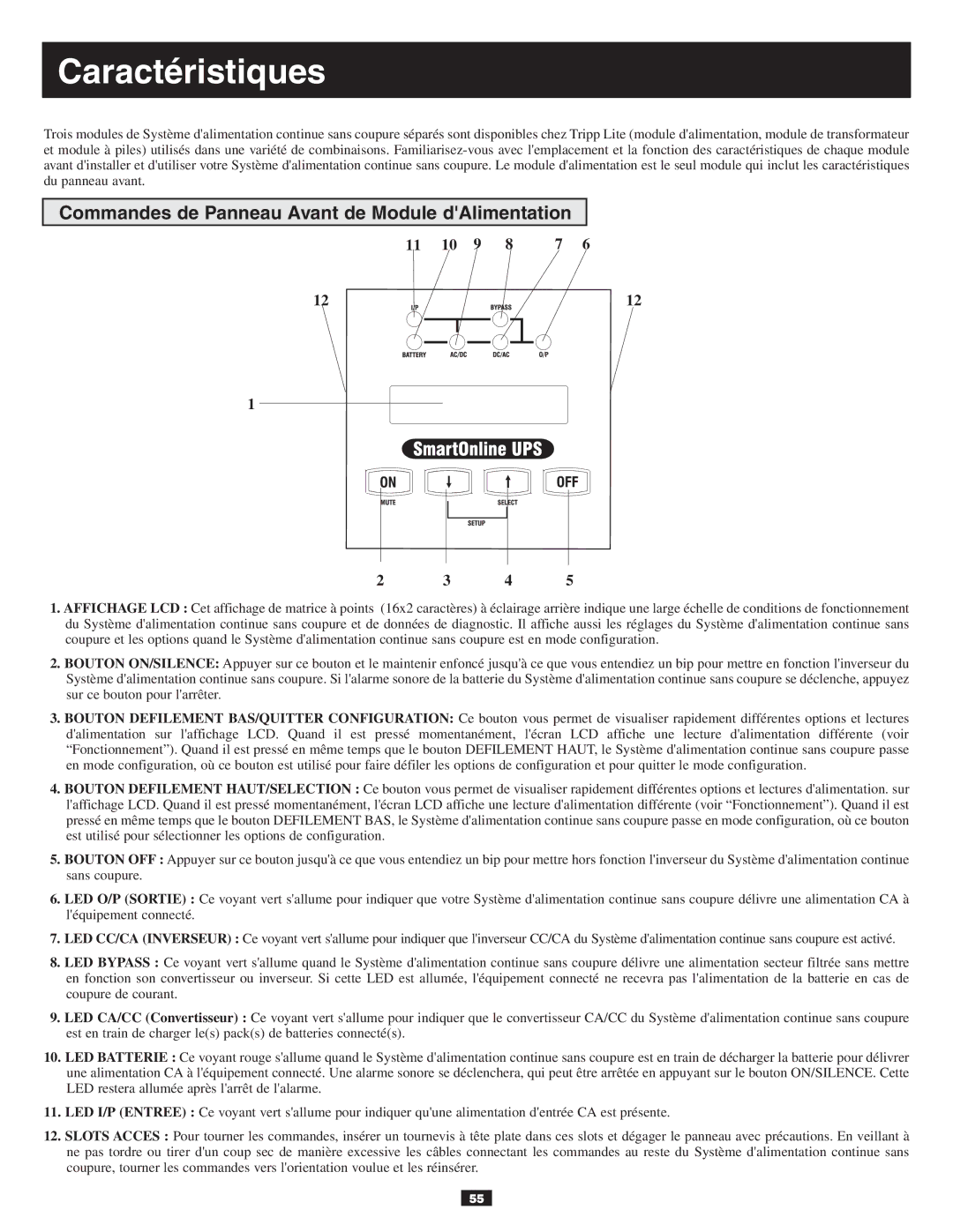 Tripp Lite 10KVA owner manual Caractéristiques, Commandes de Panneau Avant de Module dAlimentation 