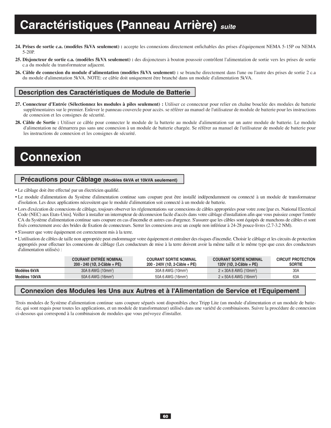 Tripp Lite 10KVA owner manual Connexion, Description des Caractéristiques de Module de Batterie 