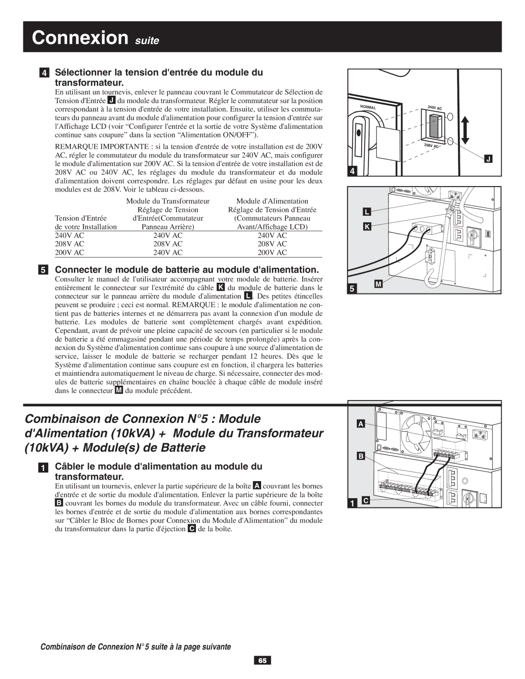 Tripp Lite 10KVA owner manual Sélectionner la tension dentrée du module du Transformateur 