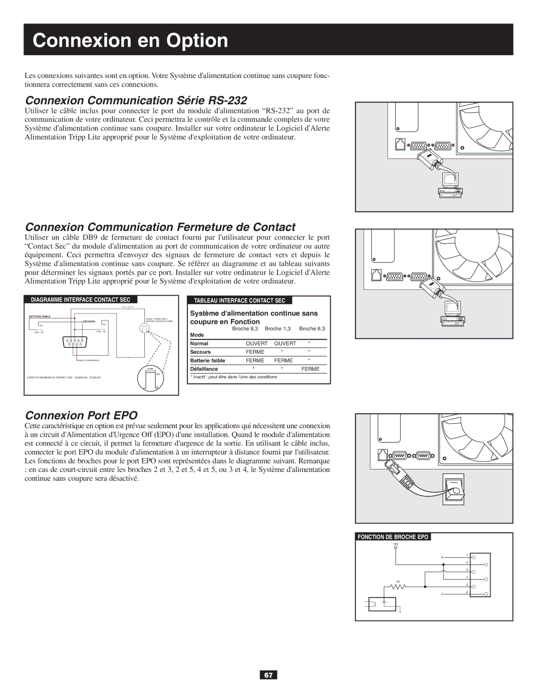 Tripp Lite 10KVA owner manual Connexion en Option, Connexion Communication Série RS-232 