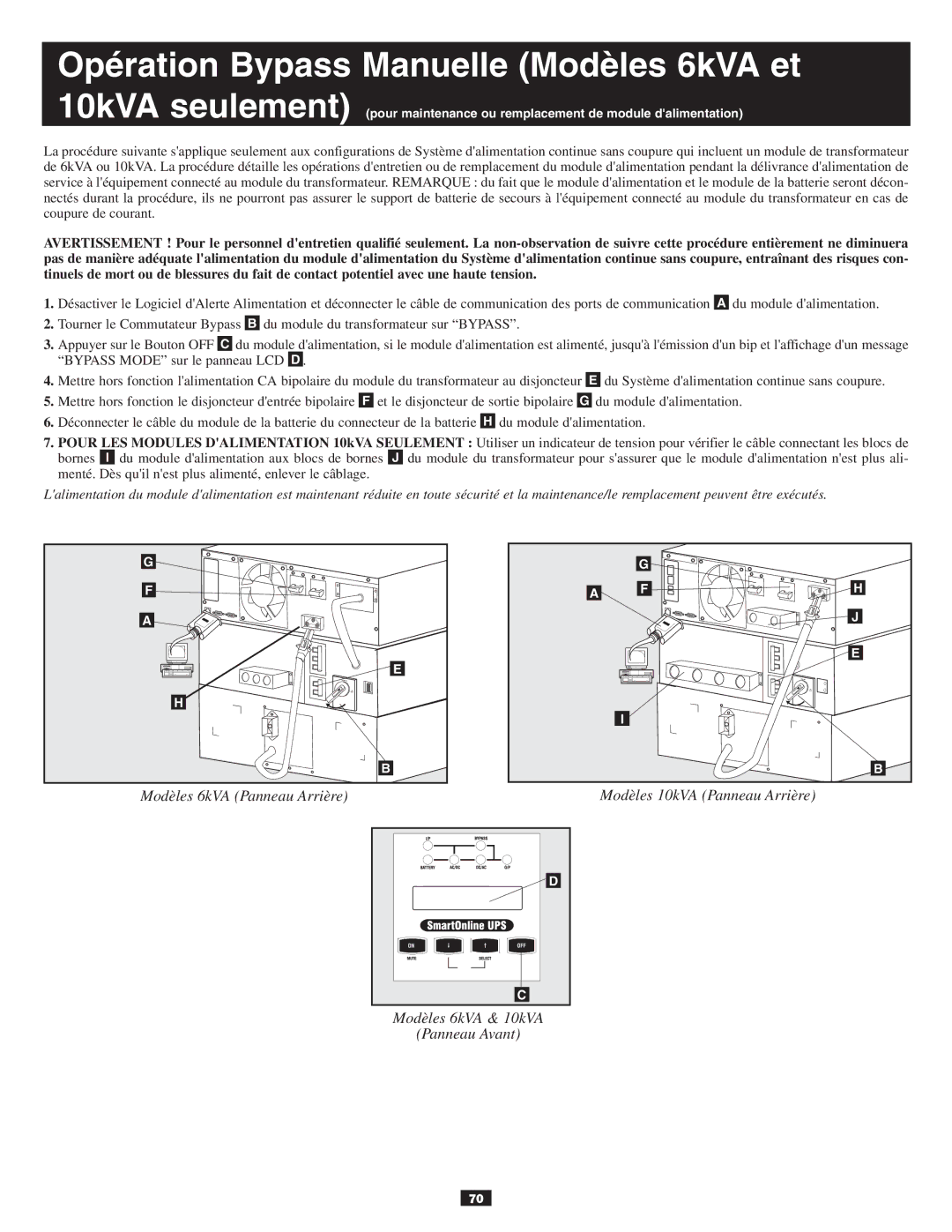 Tripp Lite 10KVA owner manual Opération Bypass Manuelle Modèles 6kVA et 10kVA seulement 