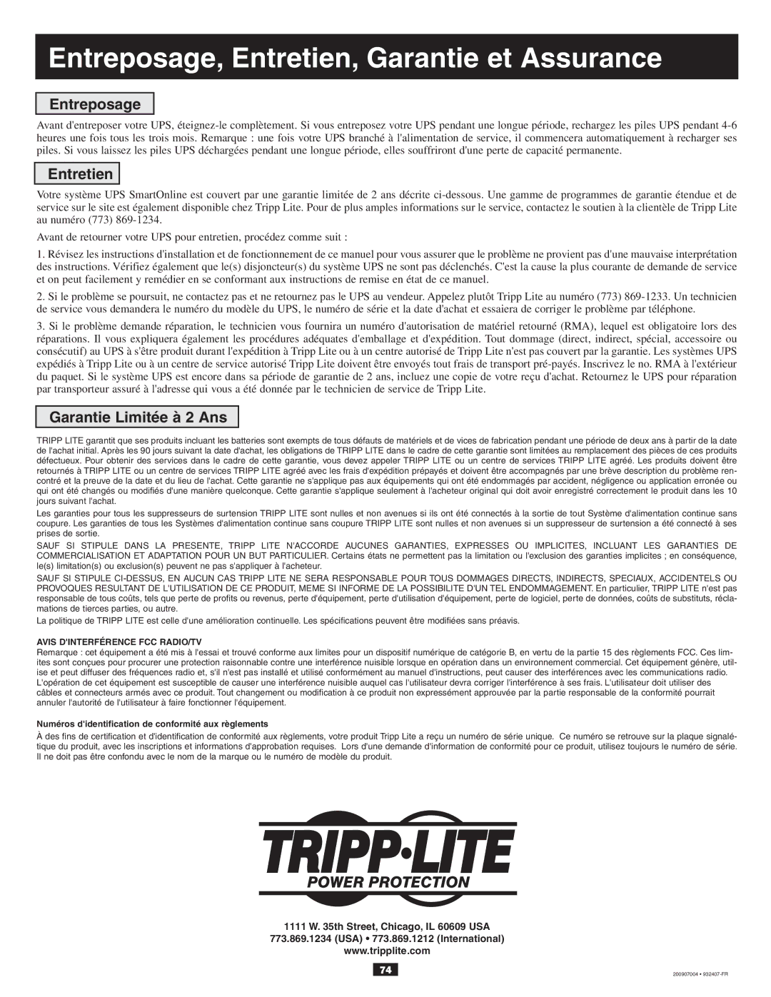 Tripp Lite 10KVA owner manual Entreposage, Entretien, Garantie et Assurance, Garantie Limitée à 2 Ans 