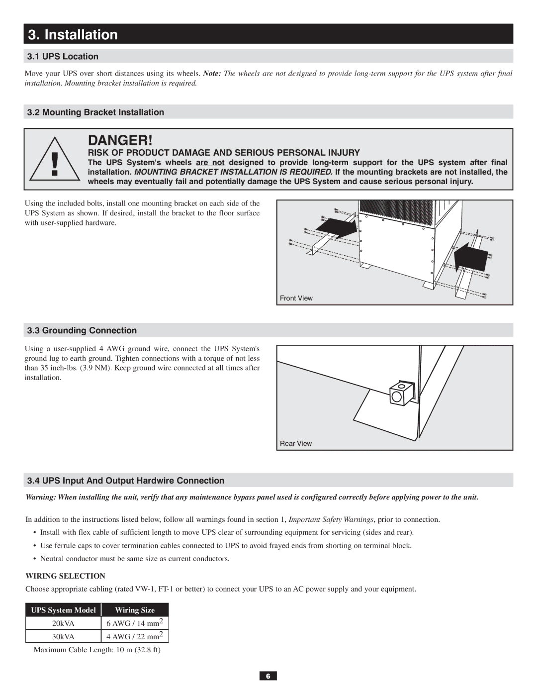 Tripp Lite 120/208V owner manual Installation, Risk of Product Damage and Serious Personal Injury 