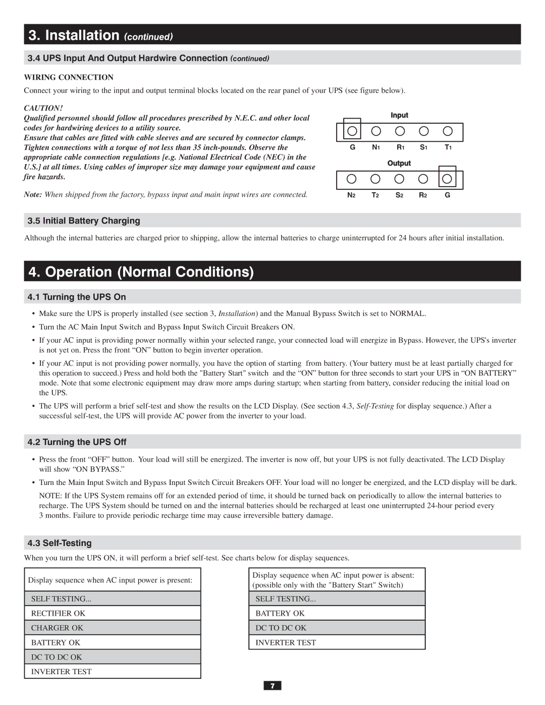 Tripp Lite 120/208V Operation Normal Conditions, Initial Battery Charging, Turning the UPS On, Turning the UPS Off 