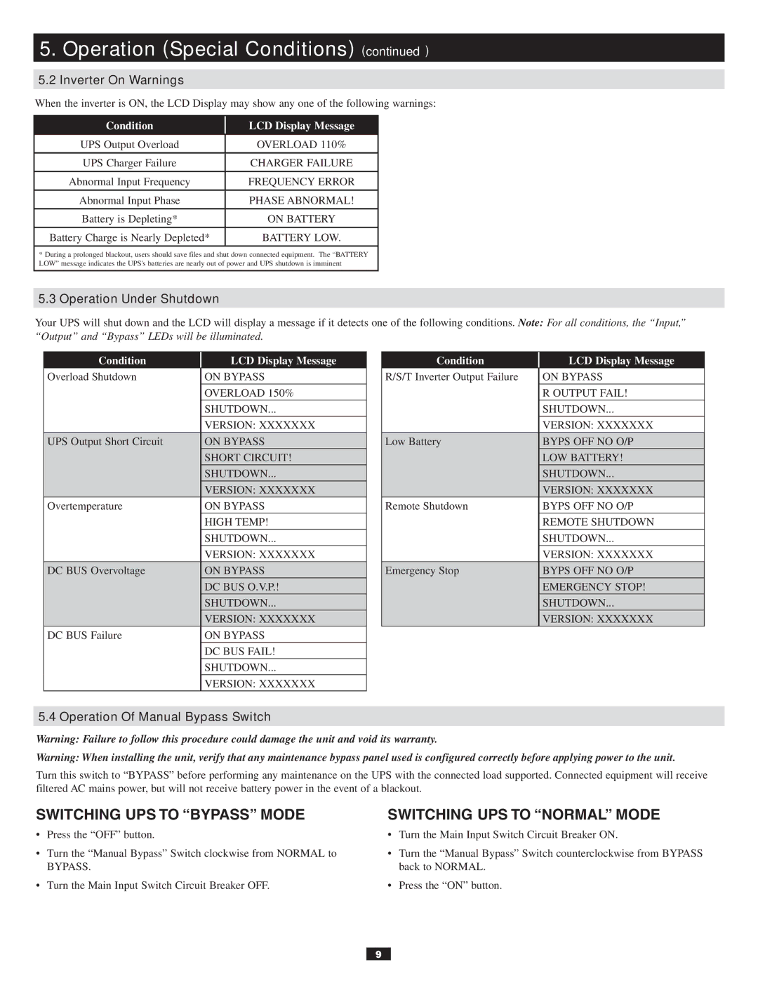 Tripp Lite 120/208V owner manual Inverter On Warnings, Operation Under Shutdown, Operation Of Manual Bypass Switch 