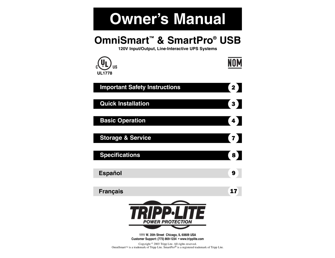 Tripp Lite 120V Input/Output owner manual OmniSmart & SmartPro USB, Español Français 