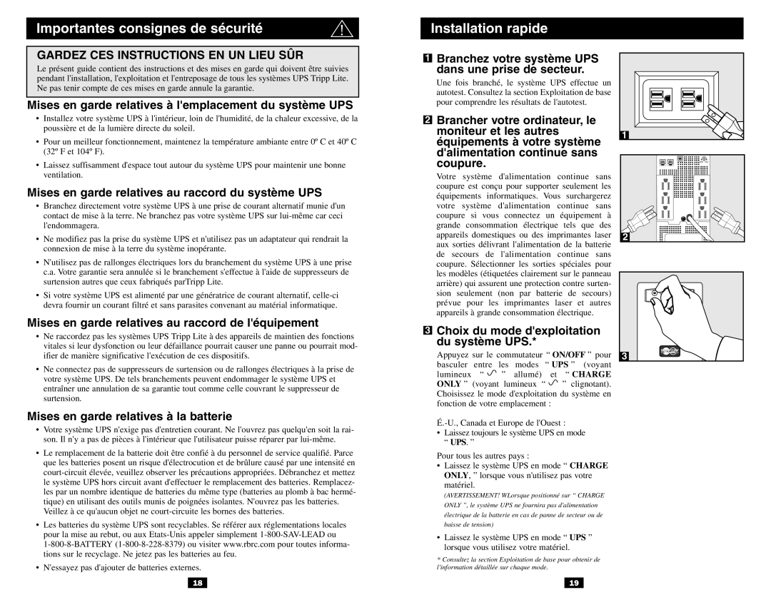 Tripp Lite 120V Input/Output owner manual Importantes consignes de sécurité Installation rapide 