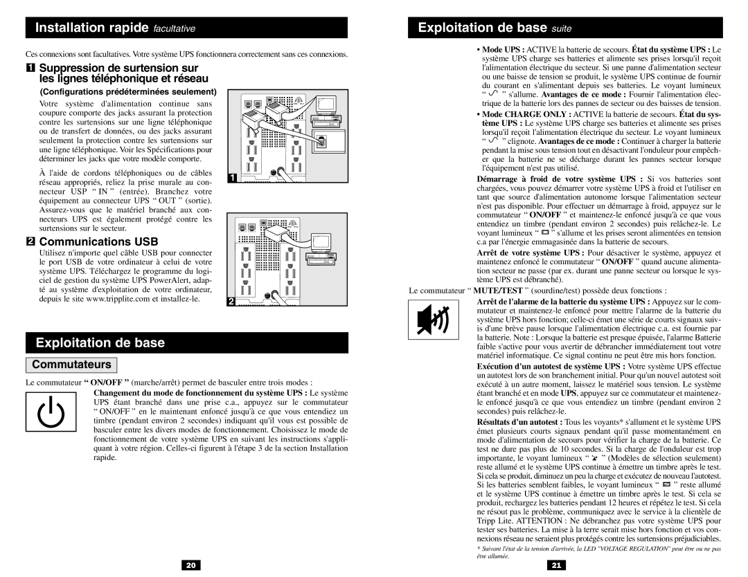 Tripp Lite 120V Input/Output Installation rapide facultative, Exploitation de base suite, Communications USB, Commutateurs 