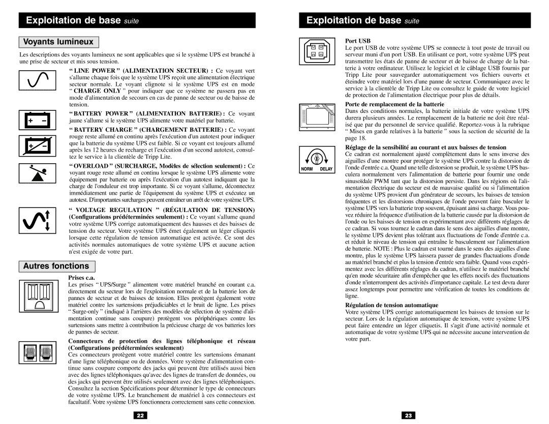 Tripp Lite 120V Input/Output owner manual Voyants lumineux, Autres fonctions 