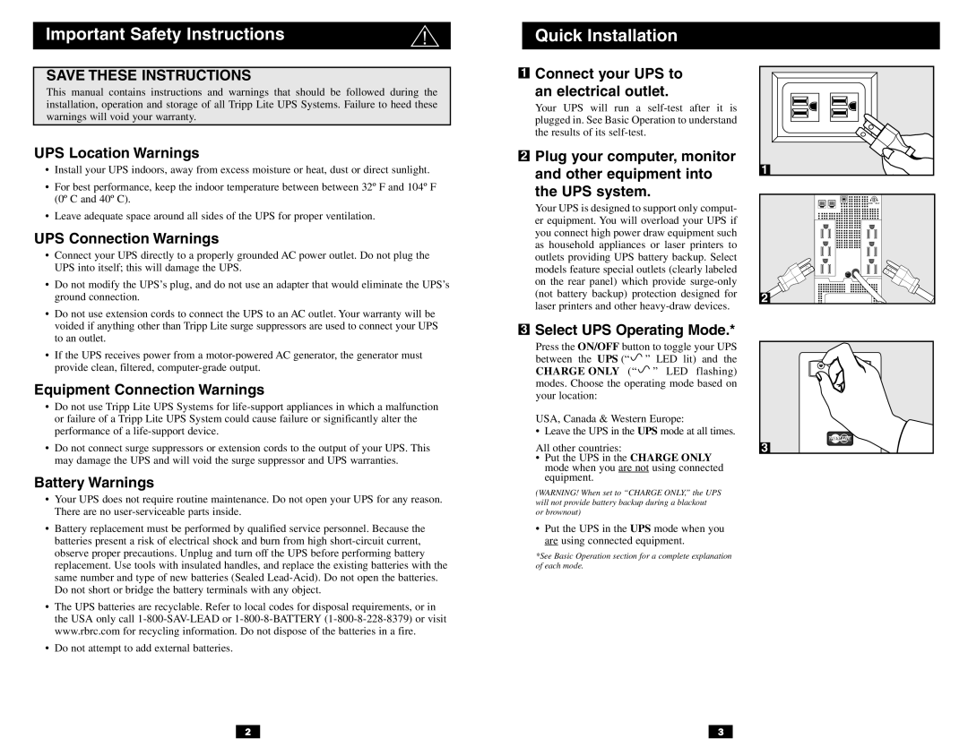 Tripp Lite 120V Input/Output owner manual Important Safety Instructions Quick Installation 