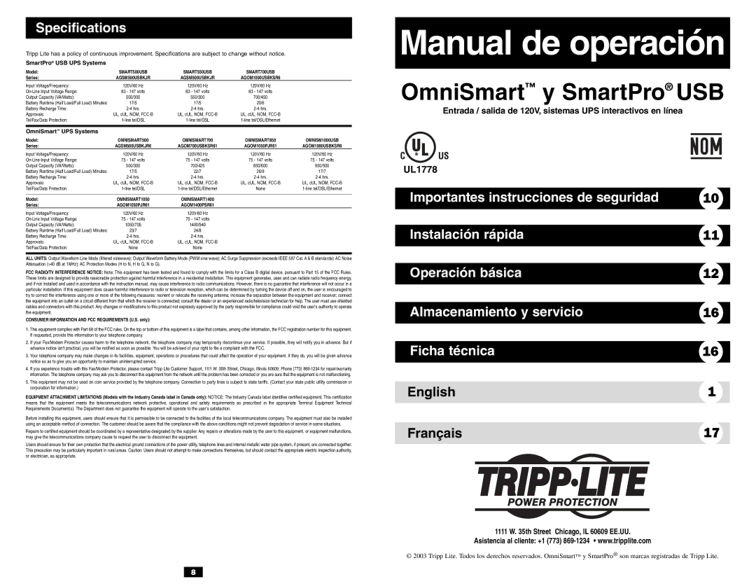 Tripp Lite 120V Input/Output owner manual OmniSmart y SmartPro USB, English Français 