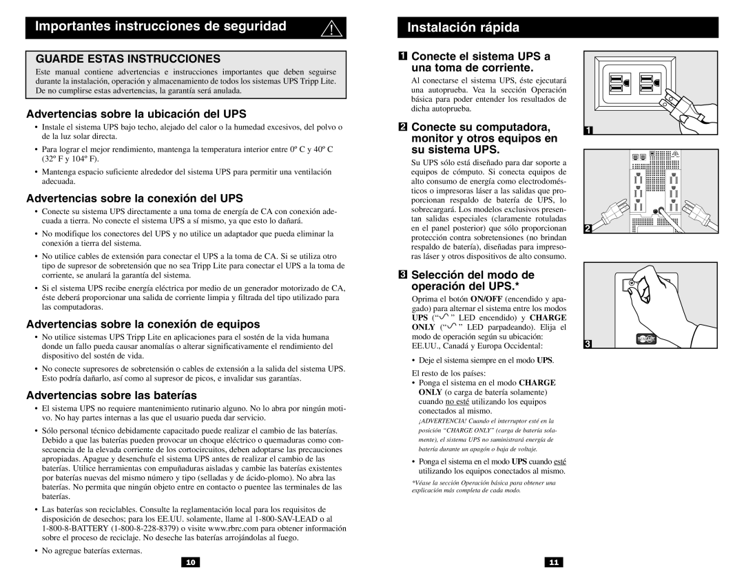 Tripp Lite 120V Input/Output owner manual Importantes instrucciones de seguridad Instalación rápida 