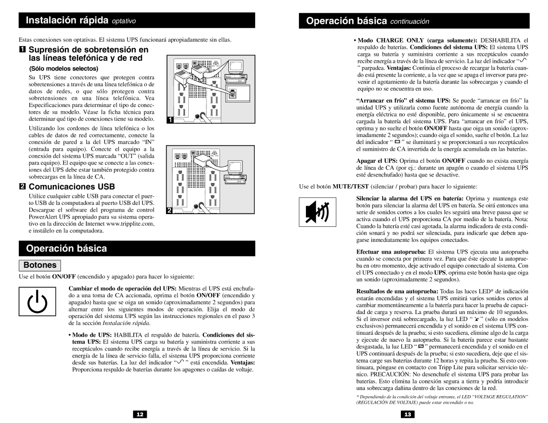 Tripp Lite 120V Input/Output Instalación rápida optativo, Operación básica continuación, Comunicaciones USB, Botones 