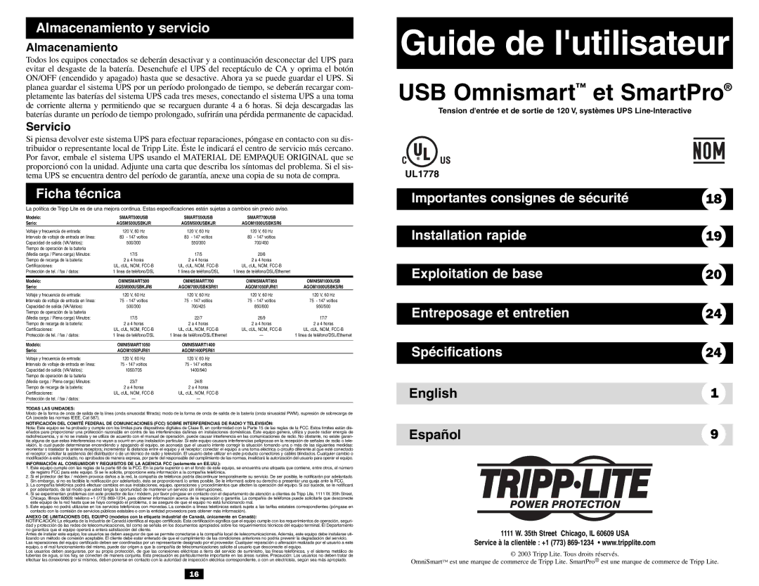 Tripp Lite 120V Input/Output owner manual USB Omnismart et SmartPro, English Español, Almacenamiento, Servicio 