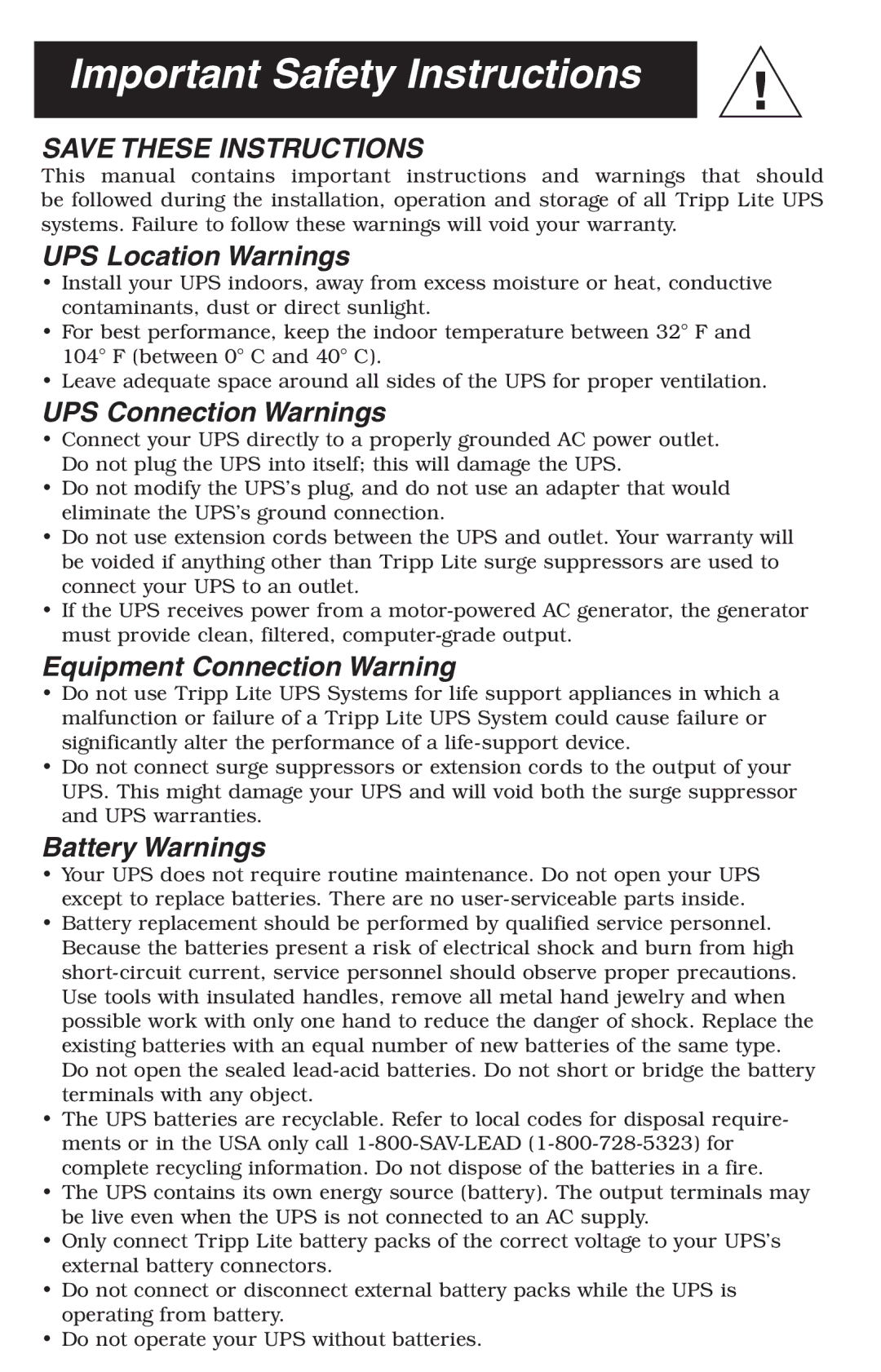 Tripp Lite 1250-3000 VA Important Safety Instructions, UPS Location Warnings, UPS Connection Warnings, Battery Warnings 