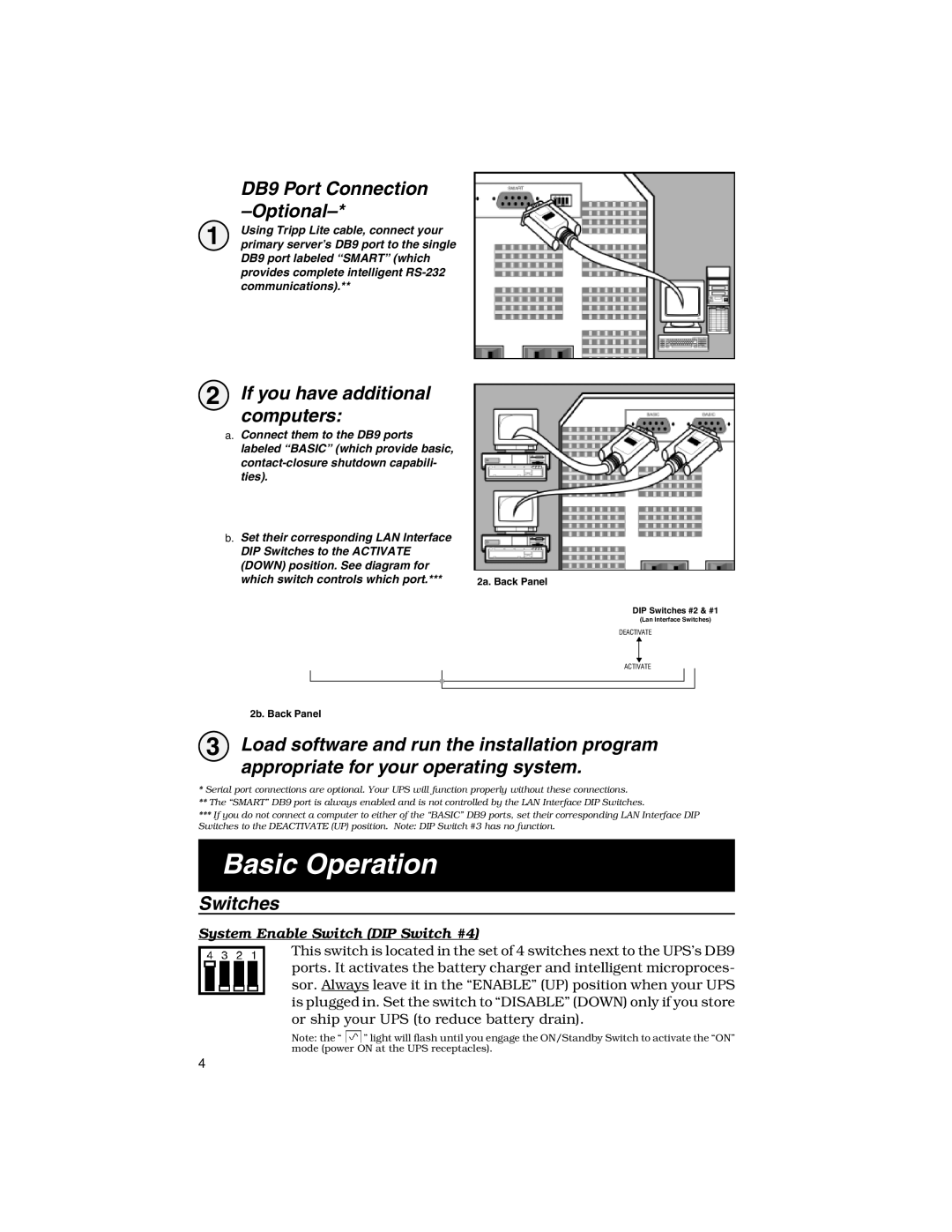 Tripp Lite 1250-3000 VA Basic Operation, DB9 Port Connection, Optional, If you have additional computers, Switches 