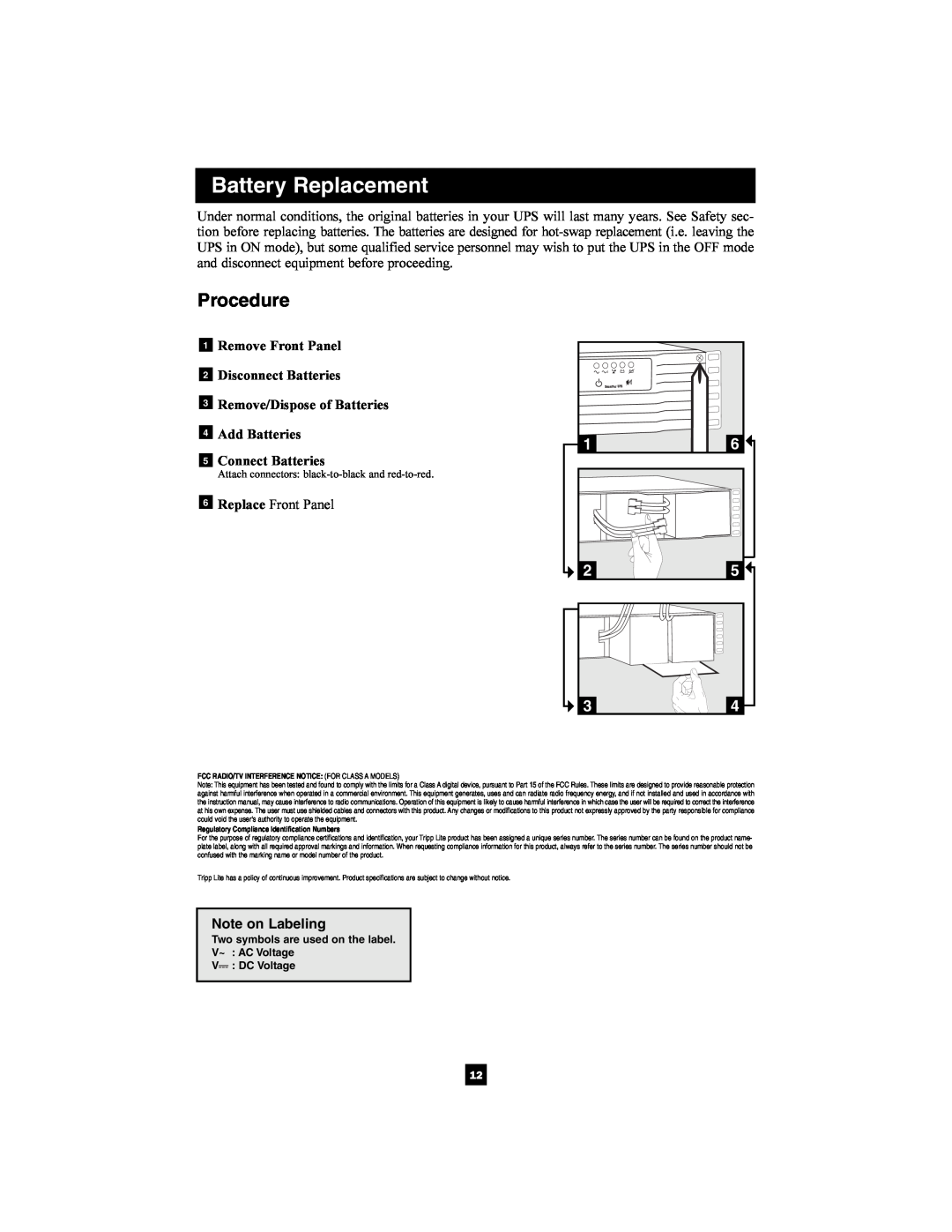 Tripp Lite 1400-3000 VA Procedure, Note on Labeling, Battery Replacement, Attach connectors black-to-black and red-to-red 
