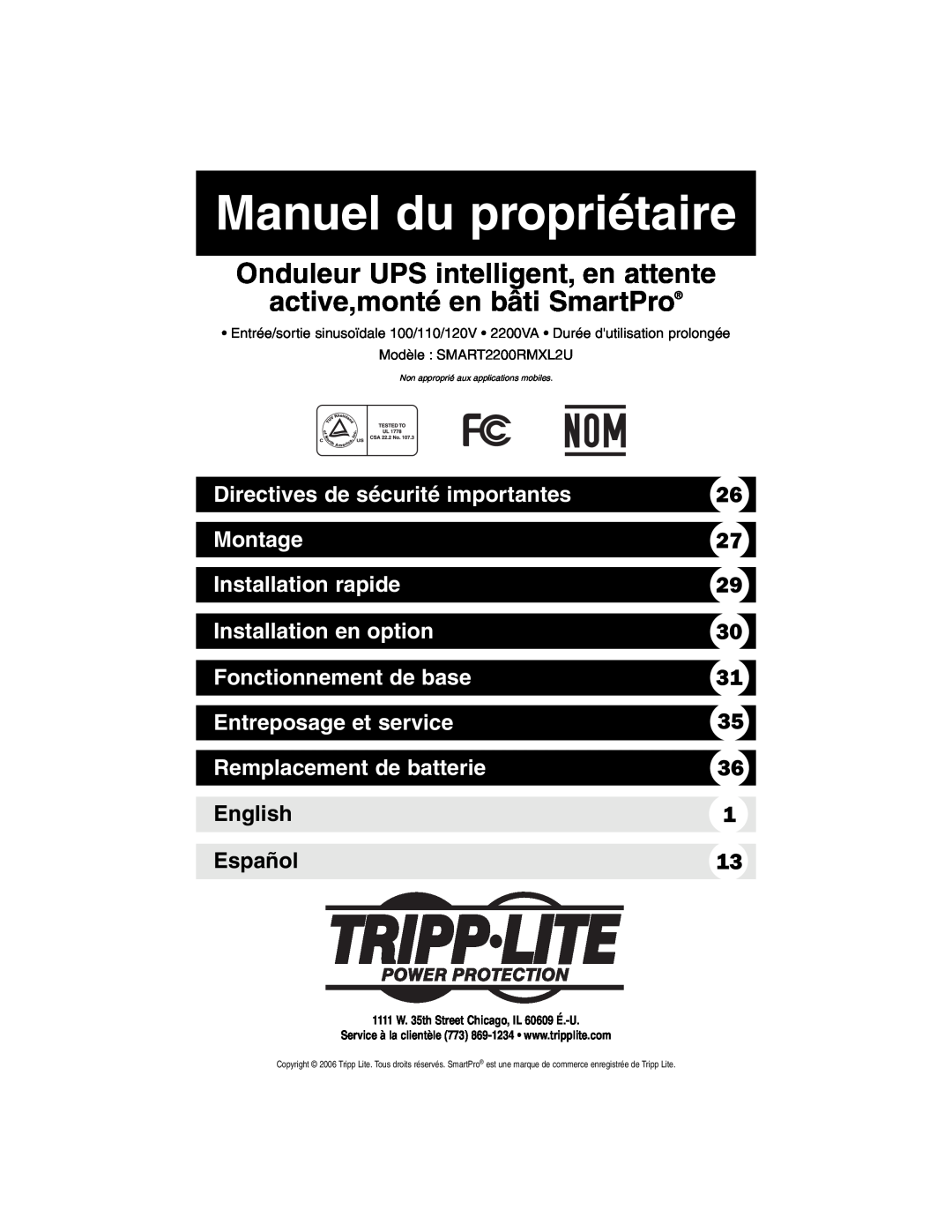 Tripp Lite 1400-3000 VA Manuel du propriétaire, Directives de sécurité importantes, Montage, Installation rapide, English 