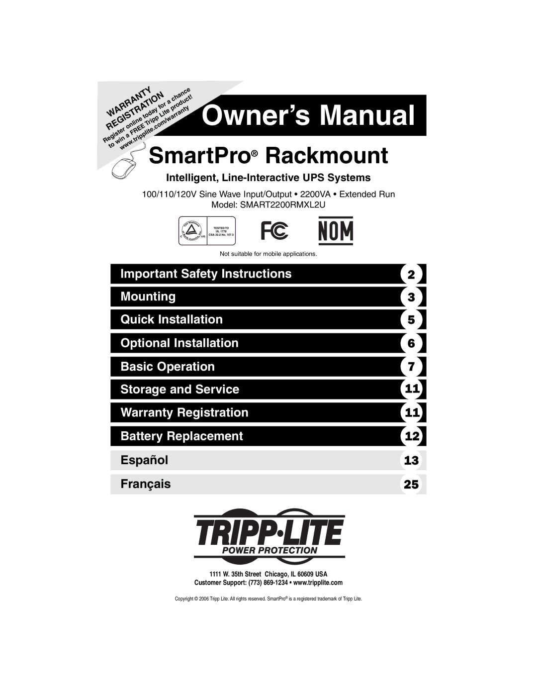 Tripp Lite 1400-3000 VA owner manual SmartPro Rackmount, Intelligent, Line-Interactive UPS Systems 