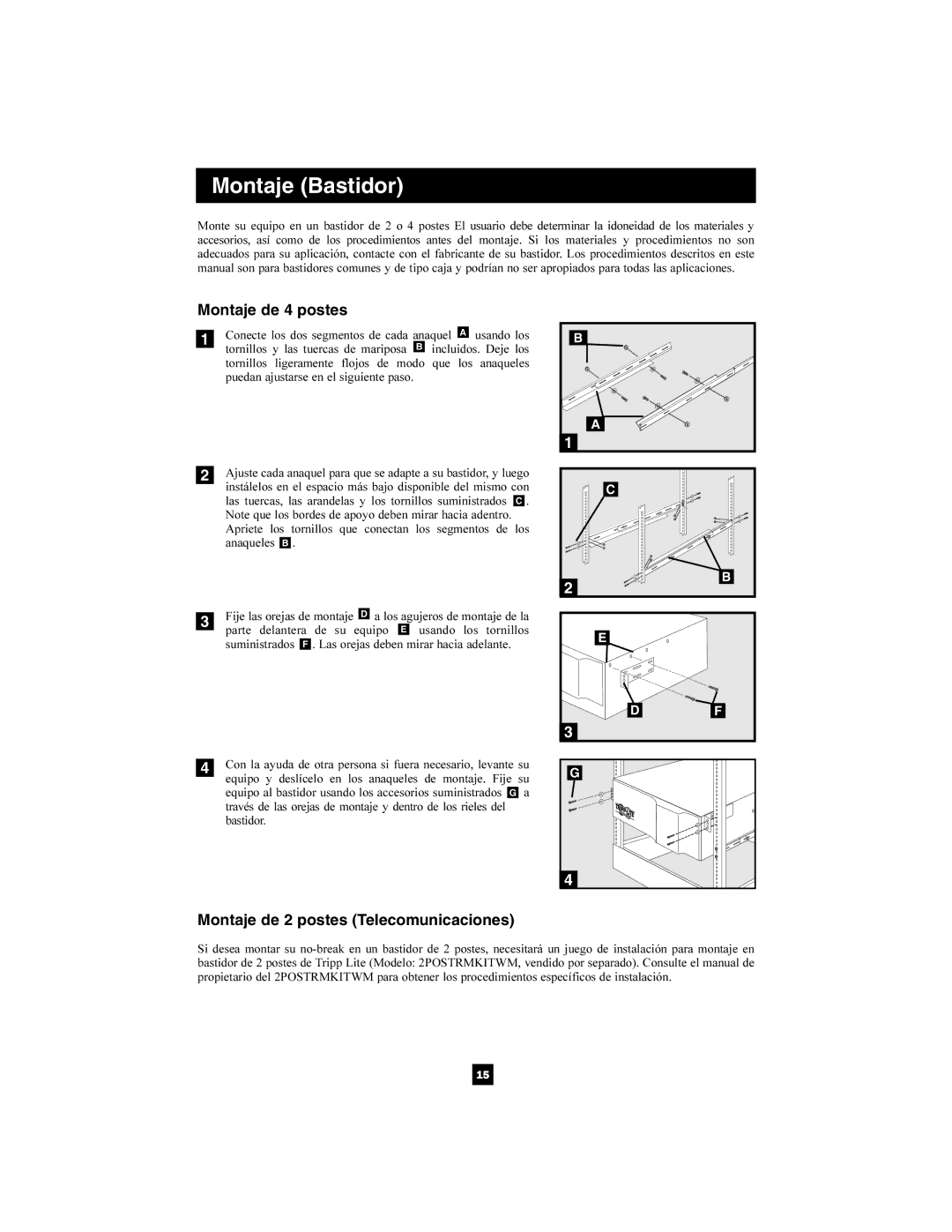 Tripp Lite 1400-3000 VA owner manual Montaje Bastidor, Montaje de 4 postes, Montaje de 2 postes Telecomunicaciones 