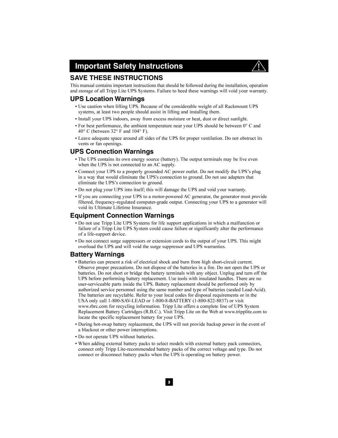 Tripp Lite 1400-3000 VA Important Safety Instructions, UPS Location Warnings, UPS Connection Warnings, Battery Warnings 