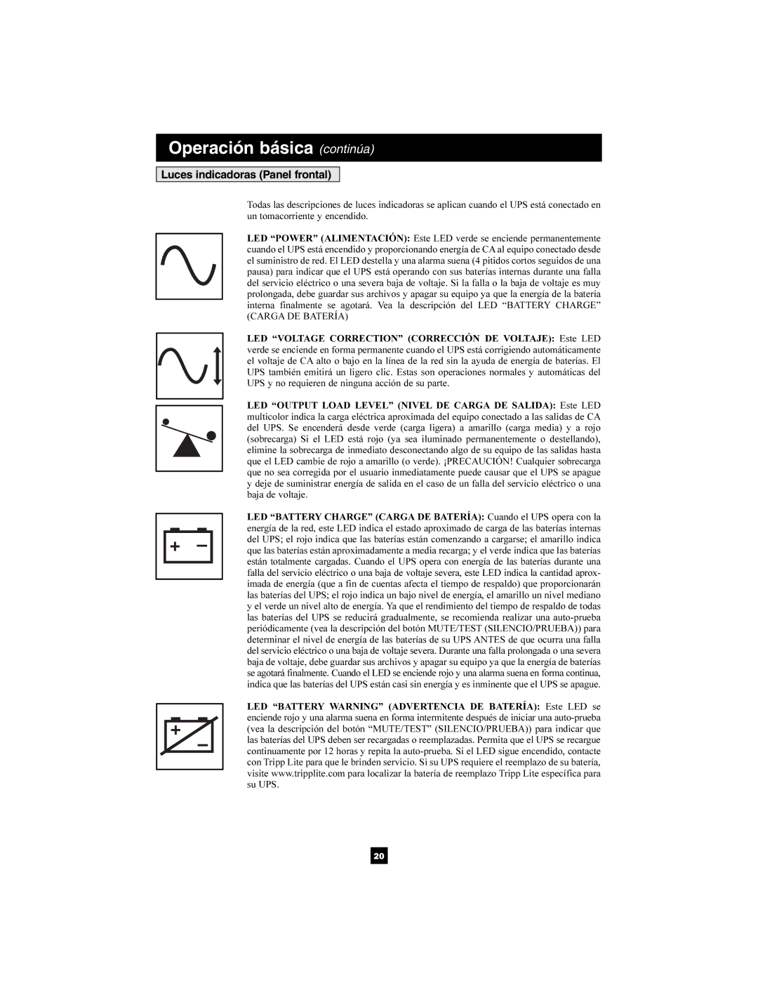 Tripp Lite 1400-3000 VA owner manual Operación básica continúa, Luces indicadoras Panel frontal 