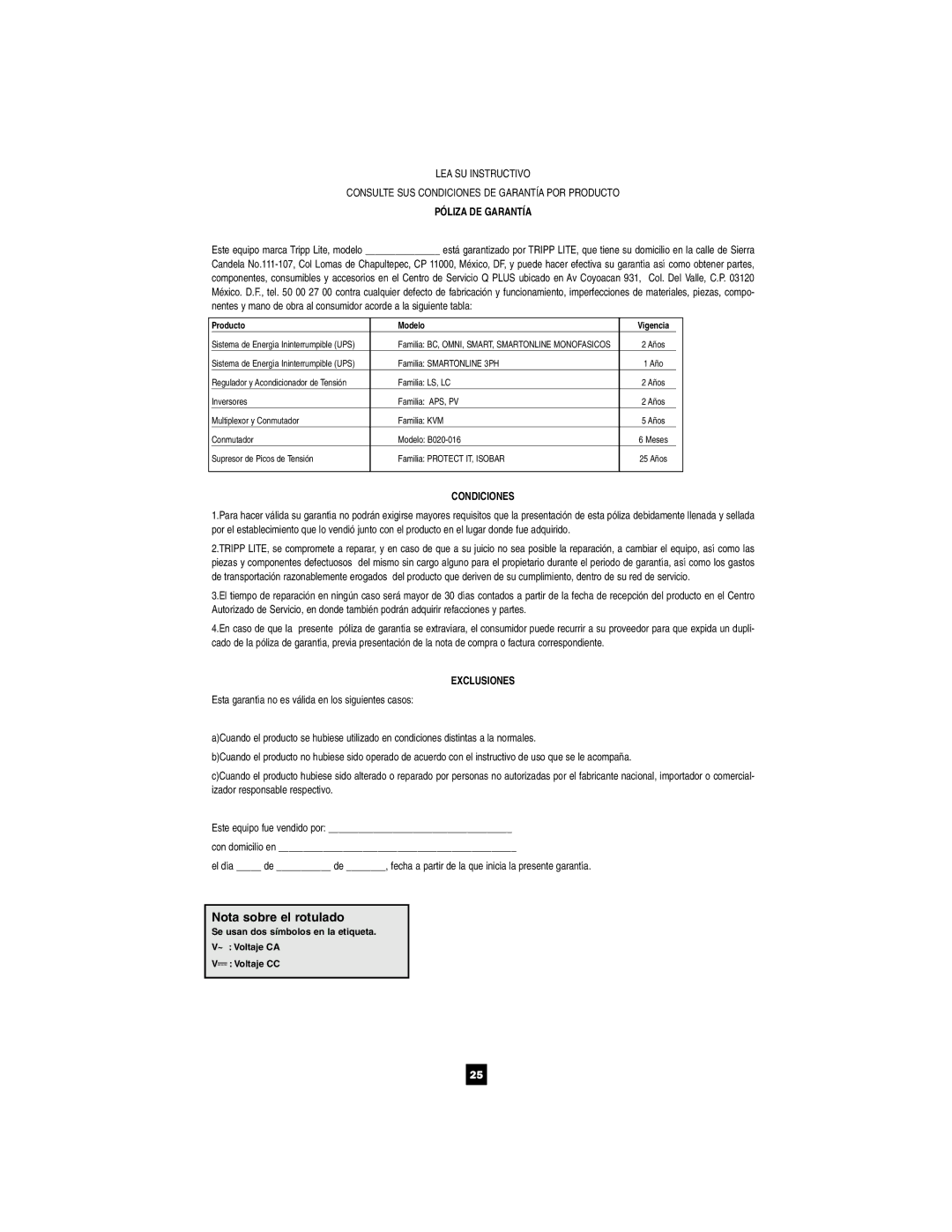 Tripp Lite 1400-3000 VA owner manual Nota sobre el rotulado 